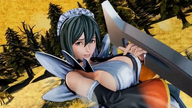 A screenshot of the character Iroha in the most recent Samurai Shodown game, using her "super secret move". Sitting in the middle of a forest, drawn black against a yellow parchment like sky is a young woman. She is l dominates the frame, looking straight outward, holding an explicitly suggestive look while she holds some sort of oversized knife. She is dressed in a stylised maid outfit which is mostly designed to cover her the least possible. Great emphasis is placed by the clothing, pose and framing on her generously sized breasts, which seem to only be held clothed by magic