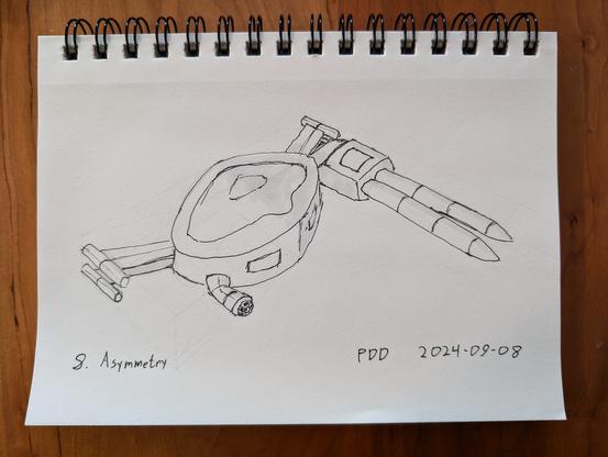 Ink drawing of a spaceship modeled after a fiddler crab. The right claw is a small extended cockpit. The left is a launcher with two big honkin' missiles.