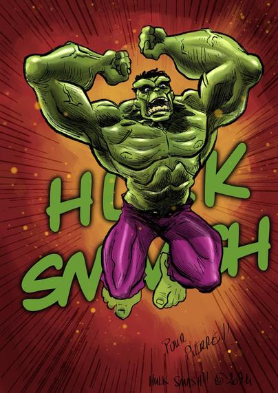 A cartoon-style illustration of the Hulk, depicted with bulging muscles and an angry expression, leaping with clenched fists. The background features explosive colors, with the phrase "HULK SMASH!" prominently displayed. A signature and date are included