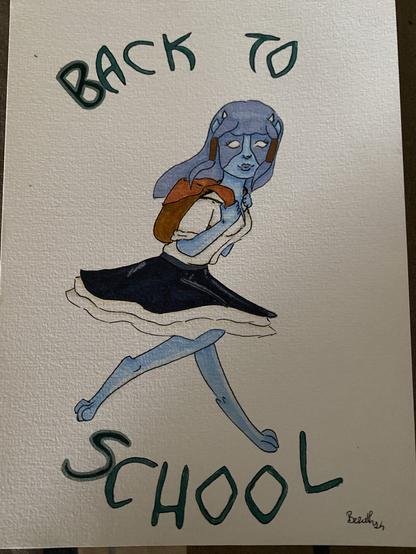 Erie with a backpack, dressed in a white blouse and a black skirt, joyfully running. The text "BACK TO SCHOOL" is prominently displayed above and below the character.
