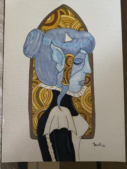 Side portrait of Erie with blue hair and pointed ears, set against a decorative background of swirling yellow and brown patterns. The character is depicted in profile, wearing a black outfit with a white collar.