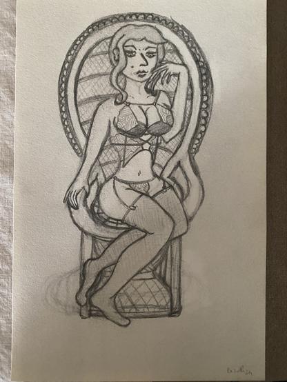 A pencil sketch of Erie in a revealing outfit, posed confidently in a decorative chair similar to the one in the Emmanuelle movie. She has wavy hair and a thoughtful expression, with one hand resting on her chin and the other on her leg.
