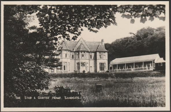 Monochrome real photographic postcard showing a view of the Star & Garter Home for Disabled Sailors, Soldiers & Airmen or Enbrook House at Sandgate by Folkestone in Kent, which opened in 1919 and was closed in 1940.
Publisher not stated, not numbered, c.1930.
Postally unused.
Excellent condition, with minimal corner bumps.