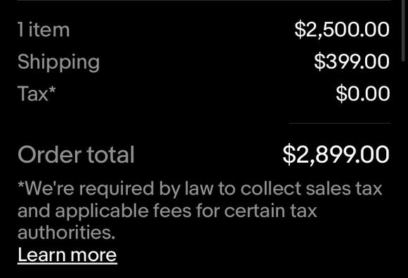 Screenshot of my power chair order screen. The chair itself was $2,500. Shipping cost $399. The total was $2,899.