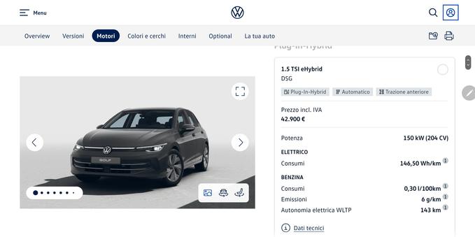 Screenshot in Italian from https://www.volkswagen.it, showing technical data

Plug-In-Hybrid
1.5 TSI eHybrid
DSG

Automatico
Trazione anteriore
Prezzo incl. IVA
42.900 €

Potenza
150 kW (204 CV)

ELETTRICO
Consumi
146,50 Wh/km
 
BENZINA
Consumi
0,30 l/100km
 
Emissioni
6 g/km
 
Autonomia elettrica WLTP
143 km