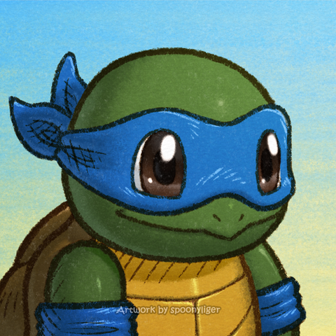 Digitally-handmade fanart profile picture of a Squirtle Pokémon with green skin and wearing a blue mask and arm bands, facing forward towards the right side of the image at a 3/4 angle with a smiling expression, on a blue-to-yellow gradient background.