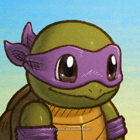 Digitally-handmade fanart profile picture of a Squirtle Pokémon with green skin and wearing a purple mask and arm bands, facing forward towards the right side of the image at a 3/4 angle with a smiling expression, on a blue-to-yellow gradient background.
