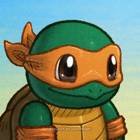Digitally-handmade fanart profile picture of a Squirtle Pokémon with green skin and wearing a orange mask and arm bands, facing forward towards the right side of the image at a 3/4 angle with a smiling expression, on a blue-to-yellow gradient background.