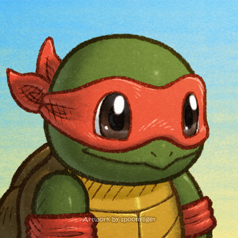 Digitally-handmade fanart profile picture of a Squirtle Pokémon with green skin and wearing a red mask and arm bands, facing forward towards the right side of the image at a 3/4 angle with a smiling expression, on a blue-to-yellow gradient background.