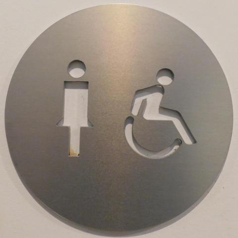 Washroom sign in a public place. It indicates females but with the shadow it is not clear.