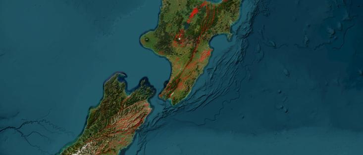 graphic/map - portions of New Zealand, elevation model, with active faults shown