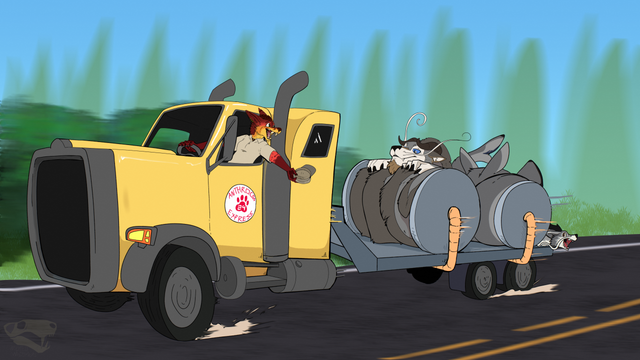 Amara in her anthro form is driving a Peterbilt like semi truck with a goose neck flatbed trailer atatched. strapped down the trailer is 2 industrial wire bobins. Coiled on these bobins are the noodle dragons AviatingWolf and Seda