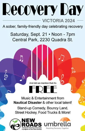 Event poster #2.

RDV 24 is a free, family friendly, inclusive, alcohol/substance free event for anyone to attend who has an interest in celebrating recovery, honouring those who have recovered and giving hope to those seeking sustainable recovery from active addiction.

The day will include music, comedy, and other entertainment on the main stage; food trucks, a artisans marketspace, a resource providers marketspace, 4-on-4 street hockey tournament, a kids stage and "Family Fun Land" inflatable fun park for kids, parents, and adults.

There will also be crafting and therapeutic arts workshops, face painting, and more!

Main Event runs from Noon until 7pm

Street Hockey Tournament runs from 9am until 5pm.