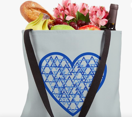 Many Jewish stars fill a heart, as shown on a tote bag.