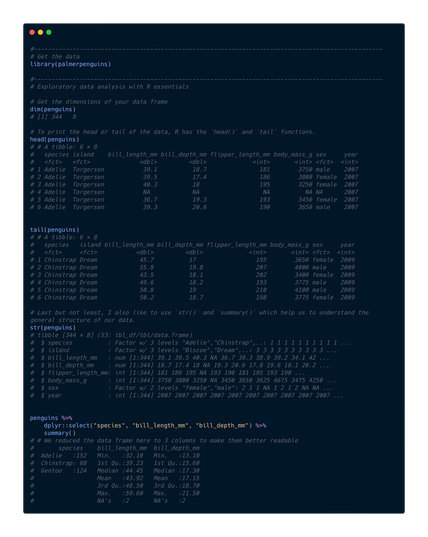 Code showing the output of dim(), tail(), str(), and summary(). All are built-in functions in R and are applied to the {penguins} dataset. Unfortunately, the alt text doesn't allow a full print of the content - this is why I am not adding the content here.