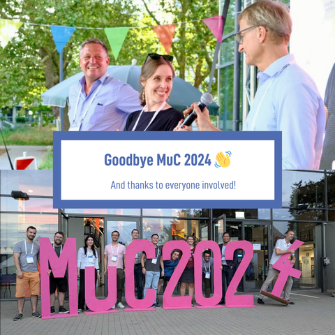 Two images of the conference: (1) The general chairs Alexander Mädche, Kathrin Gerling and Michael Beigl and (2) MuC 2025 organisers at the MuC 2024 letters.