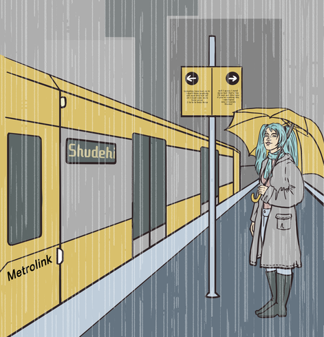 Hatsune Miku, standing on a Manchester Metrolink platform, holding a yellow umbrella and wearing a teal scarf and grey raincoat. A tram headed to Shudehill is just pulling up, there are grey towerblocks in the background, and it's raining. She looks happy though.