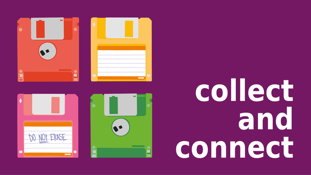 Grafik auf lilafarbenem Hintergrund:
linke Seite: vier farbige Computerdisketten (rot, gelb, grün und rosa mit Aufschrift DO NOT ERASE), rechte Seite: weißer Schriftzug: collect and connect