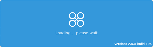 A rounded rectangle, background color a soft cornflower blue, text and logos in white.

Centered is a logo comprised of four equal-size circles connected by straight lines forming an X between the circles (it represents, roughly, a typical quadrotor layout).

Beneath it reads Loading... please wait.

On the bottom right, it is labeled as version: 2.5.5 build 106.