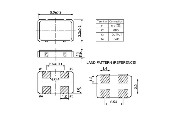 dimensional drawings of a 5x3.2mm crystal oscillator package. 32.768 kHz device from https://de.aliexpress.com/item/1005005693104133.html