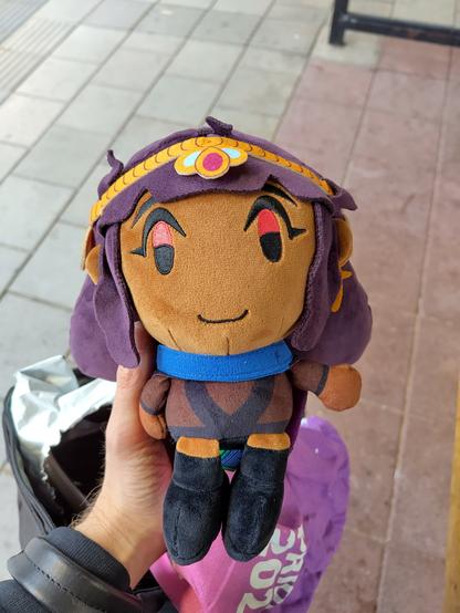 A teddy bear sized and chibi-proportioned plushie of Sam Anon (A dark skinned woman with purple hair, a crown, red eyes, and a black sheer body stocking and a Pride Flag cape) from the game Get in the Car Loser from Makeship