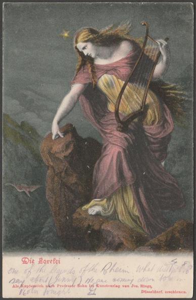 Printed colour postcard showing an illustration of the river nymph or sire, the Lorelei, who sits on the bank of the Rhine in Germany luring travellers to their deaths.
Published by Von König, Heidelberg, No 121, undivided back.
Postally used on 4 August 1905 with Bingen cancellation on red 10 pfennig stamp and sent to Miss Blair, 30 Duff Street, Edinburgh, Scotland.
Very good condition, with slight corner bumps.