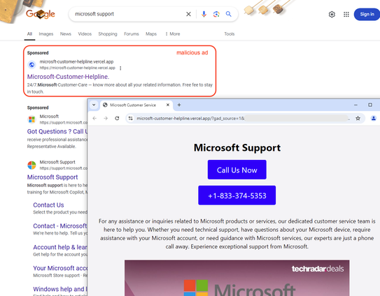A malicious Google ad for Microsoft support