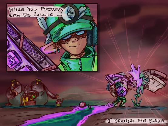A two part comic with the first panel inset over the second. The first features an Octoling wearing a green slopsuit holding a Grizzco Splatana with the text “While you partied with the Roller…” and destroying a Flyfish with the Splatana in the second panel “I studied the blade.” 
Two Big Shots eat lunch in the background at their cannon, sharing with a Smallfry.