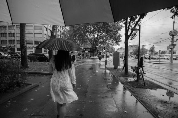 This black-and-white image captures a rainy street scene from behind. The central figure is a woman walking down the street, holding a polka-dotted umbrella. She wears a light-colored dress with long sleeves, which has a textured or patterned fabric. Her long, dark hair is visible, and her back faces the viewer as she walks away. The street itself is wet from rain, with visible puddles and fallen leaves scattered on the sidewalk. Other people can be seen in the distance, walking under umbrellas as well. The background features city buildings, a tram stop, and cars parked along the road. A large tree with thick branches towers over the scene, and the mood of the image feels calm and subdued, highlighting the overcast, rainy weather. The image is partially framed by what appears to be the edge of another large umbrella in the upper part of the image, perhaps held by the photographer. This photo emphasizes the quiet, reflective atmosphere of a rainy day in the city.