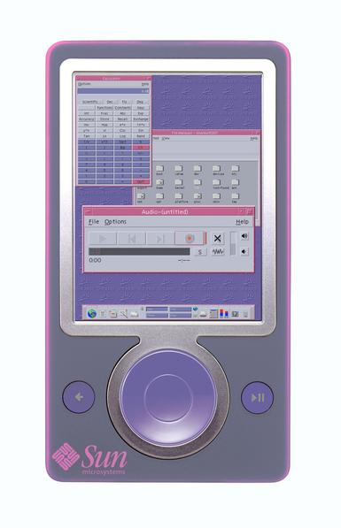 An illustration of a purple and pink portable media player displaying a retro computer interface featuring a calculator, file manager, and audio controls, all set against a purple background. The device is designed with a circular navigation button and two adjacent control buttons.
