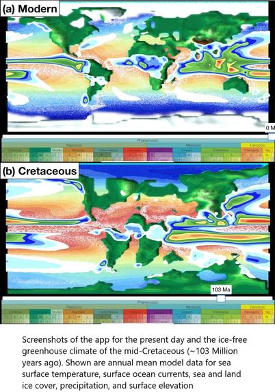 maps/graphics - Screenshots of the app for the present day and the ice-free greenhouse climate of the mid-Cretaceous (~103 Million years ago). Shown are annual mean model data for sea surface temperature, surface ocean currents, sea and land ice cover, precipitation, and surface elevation