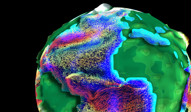 screen shot - the app showing surface ocean currents (coloured by magnitude) of the present-day Atlantic Ocean.