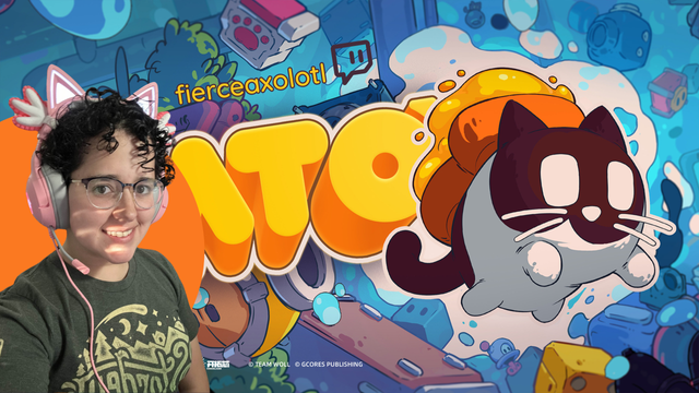 Cover image of the videogame CATO: Buttered Cat. It's a drawing featuring a black and white cat with a buttered toast on its back, jumping in a blue environment full of trinkets. The image is edited to include "fierceaxolotl" , the Twitch logo, and a photo of Fierce. Fierce is wearing their pink cat & axolotl headsets, glasses, and a green Stardew Valley shirt.