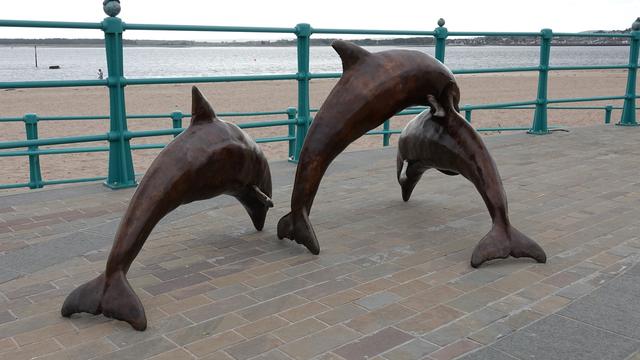 Three bronze dolphin sculptures against green seaside railings with a beach and the Tay estuary behind. The dolphins are all in arched active positions, as seen so often locally.