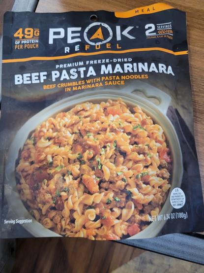 Front of a Peak Refuel Beef Pasta Marinara pouch