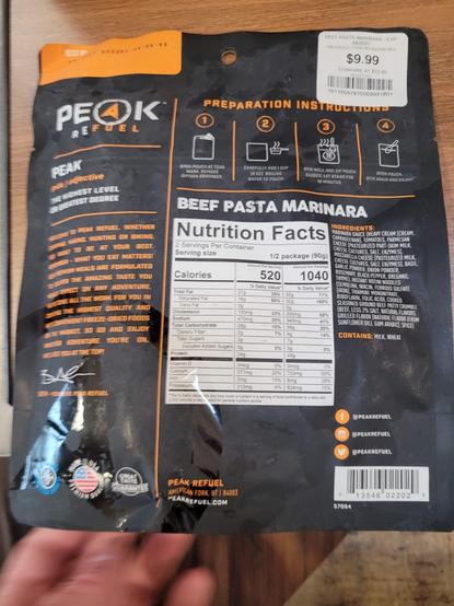 Back of a Peak Refuel Beef Pasta Marinara pouch