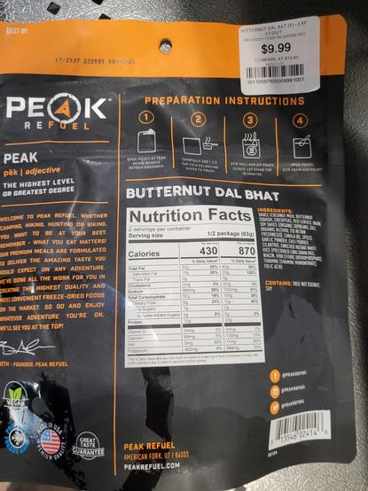 Back of a Peak Refuel Butternut Dal Bhat pouch