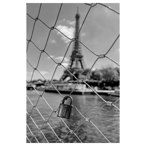 Black and white photo of a single lovelock on a fence with the Eiffel Tower out of focus in the background