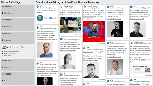 Ein Screenshot der Mastodon Wall vom Java Forum Stuttgart. Auf der linken Seite werden die Räume mit den Vortragstiteln und Referenten angezeigt, auf der rechten Seite sieht man die aktuellen Social Media Beiträge von Mastodon.