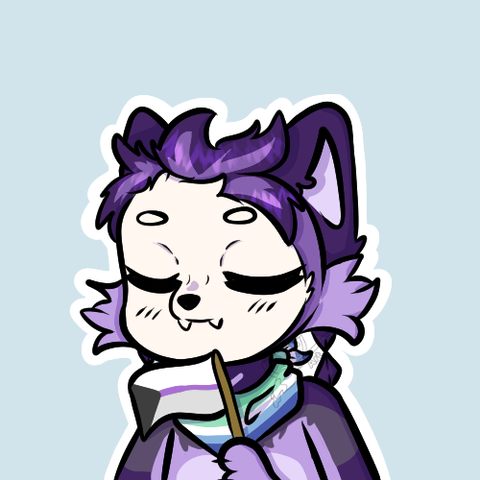 Bust up shot of Ikelos the Skull Dog with a demisexual pride flag in hand and a mlm flag bandana