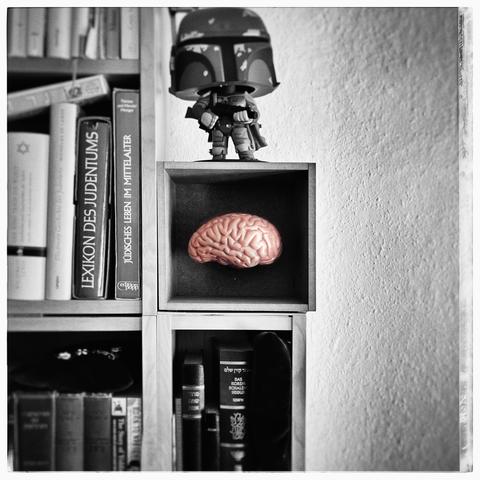 A Boba Fett figurine stands on a shelf above a cube containing a floating brain model. Beside the brain, various books are visible, some with titles in Hebrew. The image is predominantly black and white, with the brain in pink.