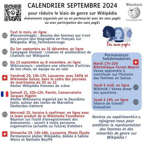 Calendrier septembre 2024 pour réduire le biais de genre sur Wikipédia événements organisés par ou en partenariat avec les sans pagEs ou avec participation des sans pagEs 

Tout le mois, en ligne -#lessansimagEs : dessine des femmes qui n’ont pas encore leur biographie en français sur Wikipedia. #lsp_femmesenrouge 

Du 1er septembre au 31 décembre, en ligne Campagne SheSaid : création et amélioration de citations sue Wikiquote 

Du 13 septembre au 8 novembre, en ligne Wikiconcours : améliore une sélection d’articles de ton choix, en équipe ou en solo 

Vendredi 20, 13h-17h, Lausanne, avec SAPA et Wikimedia Suisse, dans le cadre des journées du matrimoine du 20 au 22 Atelier Wikipédia Femmes de scène 

Samedi 21, 10h-12h, Pantin, Conservatoire Jacques Higelin Atelier Wikisource organisé par le Deuxième texte, autour des textes de Marceline Desbordes-Valmore 

Mercredi 25, horaire à confirmer, en ligne avec la team produit de la Wikimedia Foundation Réunion sur l'outil d'enregistrement des évènements - ouvert à toute personne organisatrice (actuelle ou future) d'ateliers 

Dimanche 29, 14h-18h, Lausanne, Photo Élysée Permanence atelier Wikipédia, dédiée à Sabine Weiss et Nathalie Bouffé 

Permanences hebdomadaires Mardi 17h-20h Bibliothèque Forum Meyrin Venez apprendre à contribuer sur l'histoire des femmes en Suisse. 

Jeudi à midi, en ligne Wikimidi ! Venez poser vos questions. 

Jeudi à 19h, en ligne Séance de travail/évaluation