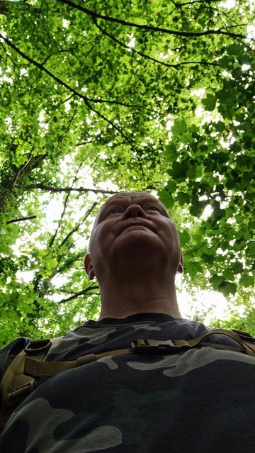 Person von unten fotografiert. Über ihr ein Dach aus Baumkronen