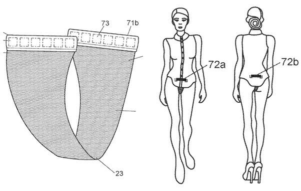 Patent drawing of a thin strip of fabric with magnets at each end, and of a woman wearing such a strip attached to the front and back of her blouse.