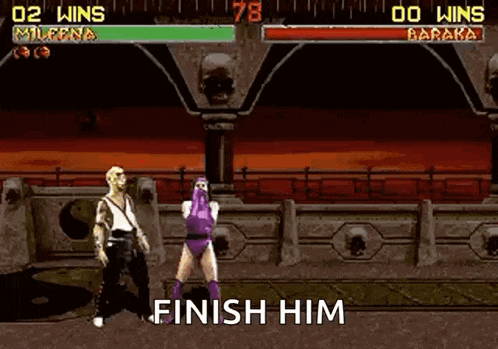 Mortal Kombat female character Mileena dressed in purple one piece swimsuit and matching gloves takes out male character Baraka in a fatality and throws up his bones