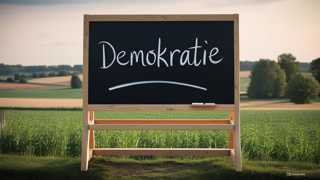 Mit KI-generiertes Bild, das eine schwarze Schultafel zeigt, auf der das Wort „Demokratie“ in weißer Kreide geschrieben ist. Die Tafel steht draußen vor einer ländlichen Kulisse mit Feldern, Bäumen und einem leicht bewölkten Himmel im Hintergrund.