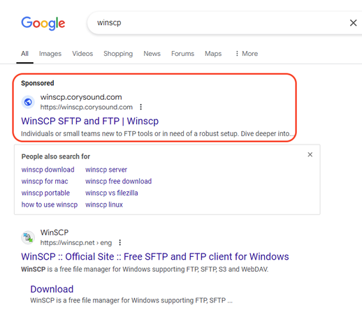 A Google search for WinSCP; the top ad is malicious