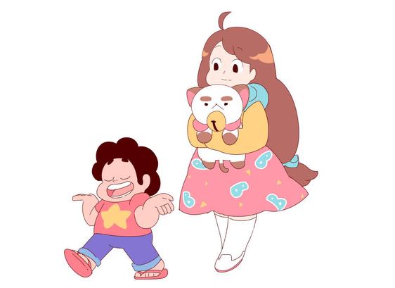 crossover fanart of steven universe and bee and puppycat; bee, holding a disgruntled puppycat, walks with steven as steven explains something