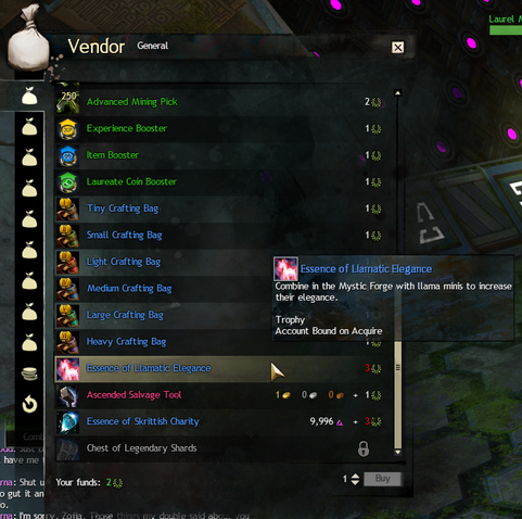 A screenshot from Guild Wars 2 showing the wares available from a vendor. The mouse is highlighting the 'Essence of Llamatic Elegance', which is used to 'combine in the Mystic Forge with llama minis to increase their elegance'.