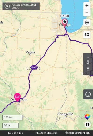 Auf der Trackingseite ist Lael in St. Louis eingezeichnet, das Ziel befindet sich in Chicago.